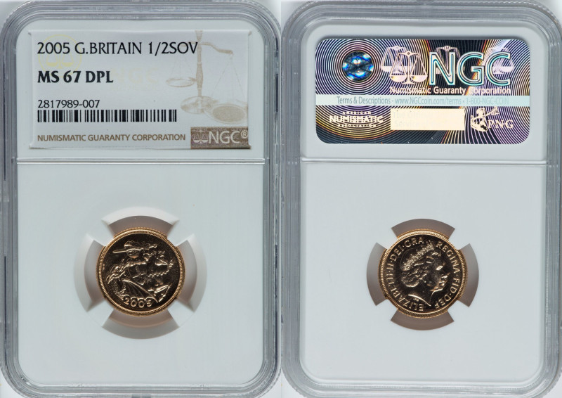 Elizabeth II gold 1/2 Sovereign 2005 MS67 Deep Prooflike NGC, British Royal Mint...