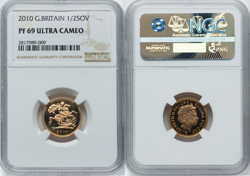 Elizabeth II gold Proof 1/2 Sovereign 2010 PR69 Ultra Cameo NGC, British Royal M...