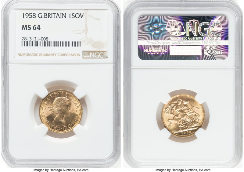 Elizabeth II gold Sovereign 1958 MS64 NGC, KM908. HID09801242017 © 2024 Heritage...