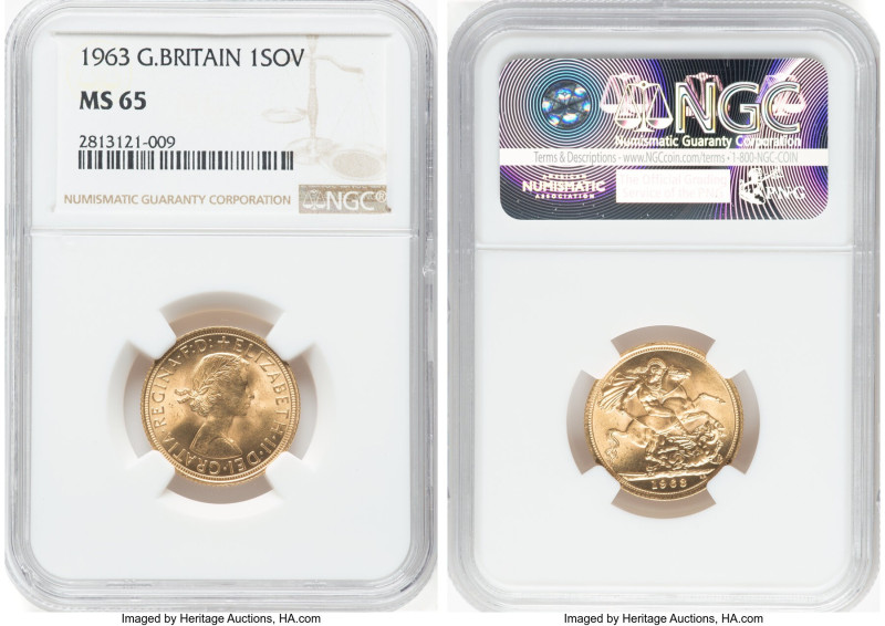Elizabeth II gold Sovereign 1963 MS65 NGC, KM908. HID09801242017 © 2024 Heritage...