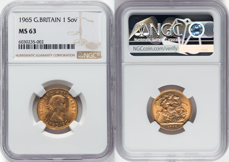 Elizabeth II gold Sovereign 1965 MS63 NGC, KM908, S-4125. HID09801242017 © 2024 ...