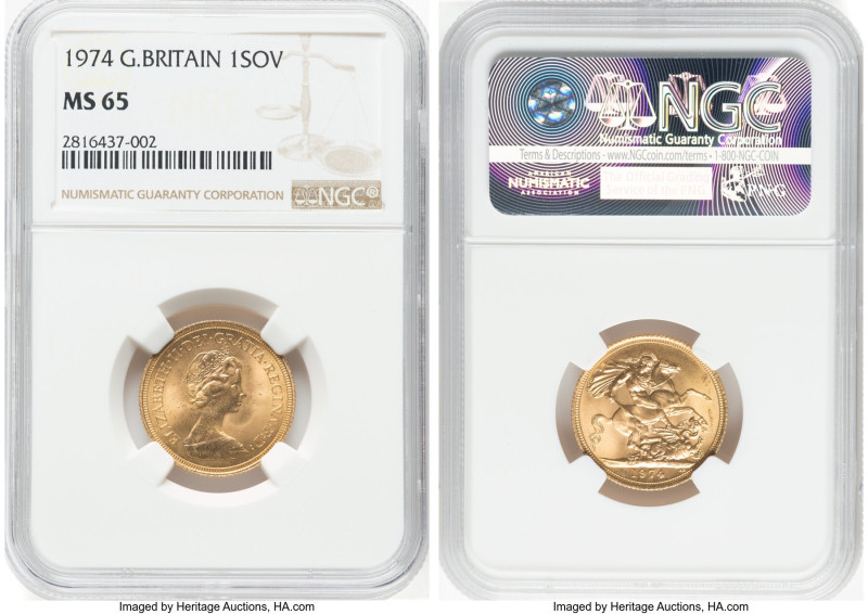 Elizabeth II gold Sovereign 1974 MS65 NGC, KM919. HID09801242017 © 2024 Heritage...
