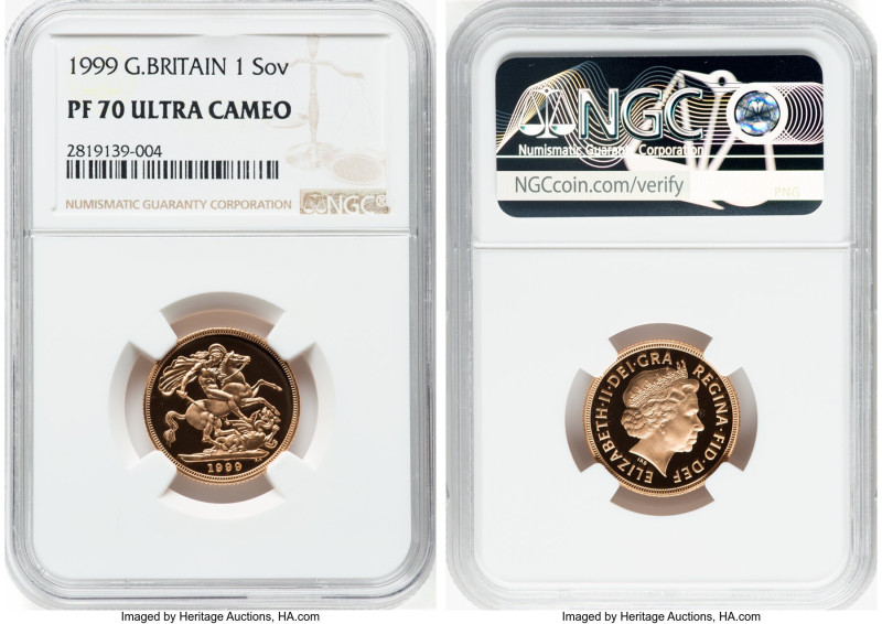 Elizabeth II gold Proof Sovereign 1999 PR70 Ultra Cameo NGC, KM1002, S-SC4. HID0...