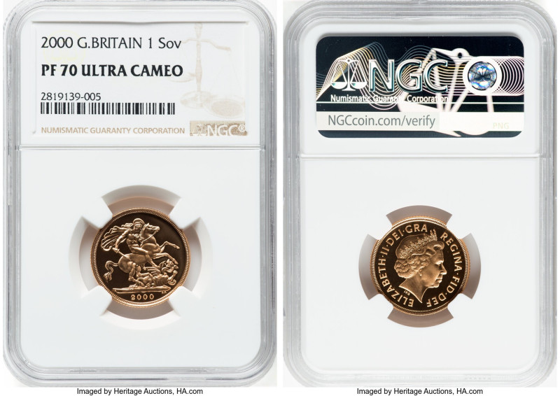 Elizabeth II gold Proof Sovereign 2000 PR70 Ultra Cameo NGC, KM1002. HID09801242...