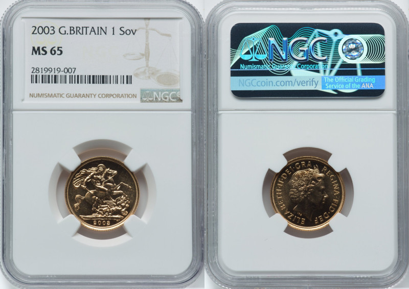 Elizabeth II gold Sovereign 2003 MS65 NGC, KM1002. HID09801242017 © 2024 Heritag...