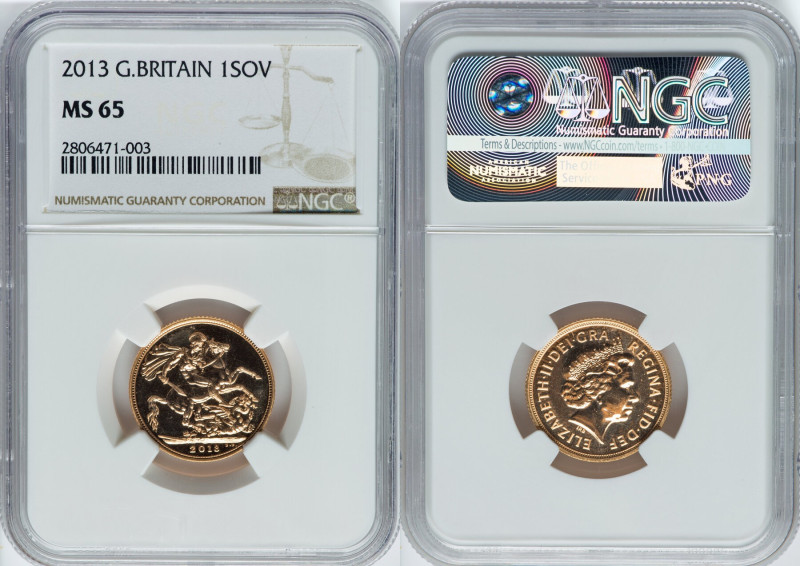 Elizabeth II gold Sovereign 2013 MS65 NGC, British Royal Mint mint, KM1002.1. HI...