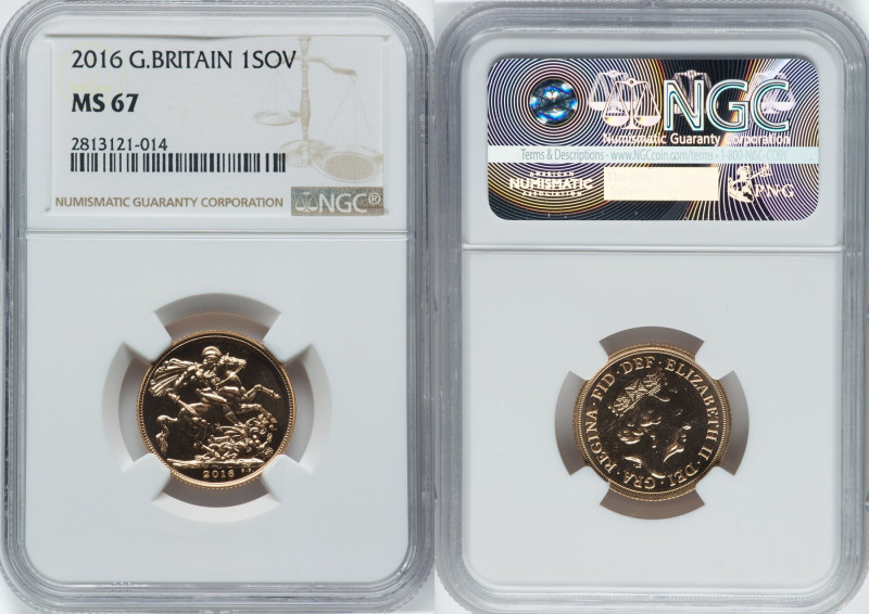 Elizabeth II gold Sovereign 2016 MS67 NGC, Royal mint, KM1332. HID09801242017 © ...