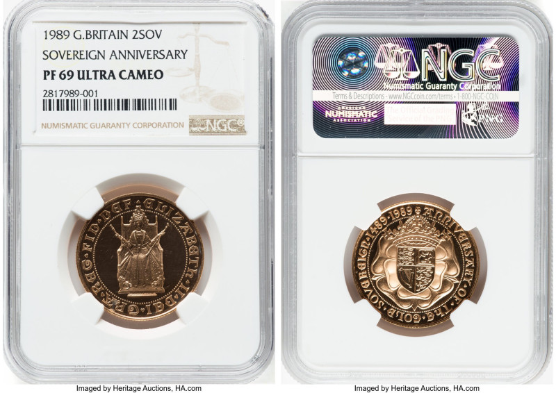 Elizabeth II gold Proof "500th Sovereign Anniversary" 2 Pounds 1989 PR69 Ultra C...