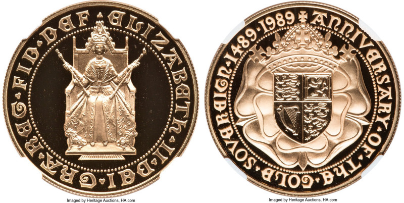 Elizabeth II gold Proof "Sovereign Anniversary" 5 Pounds 1989 PR70 Ultra Cameo N...