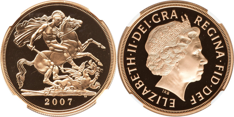 Elizabeth II gold Proof 5 Pounds 2007 PR70 Ultra Cameo NGC, KM1003, S-SE7. A pri...