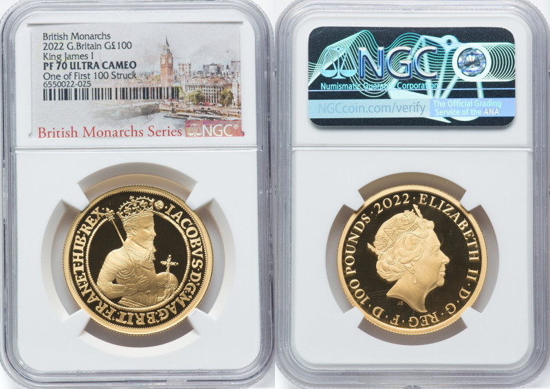Elizabeth II gold Proof "King James I" 100 Pounds (1 oz) 2022 PR70 Ultra Cameo N...