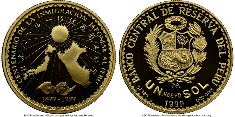 Republic gold "Japanese Immigration" Nuevo Sol 1999 PR69 Ultra Cameo NGC, Lima m...