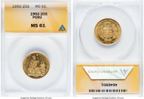 Republic gold 20 Soles 1950 MS61 ANACS, Lima mint, KM229. First year of new seated-liberty type. Mintage of only 1,800 pieces. HID09801242017 © 2024 H...