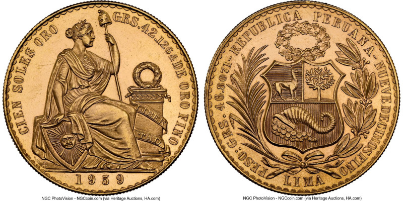 Republic gold 100 Soles 1959 MS64 NGC, Lima mint, KM231, Fr-78. A splendid coin ...
