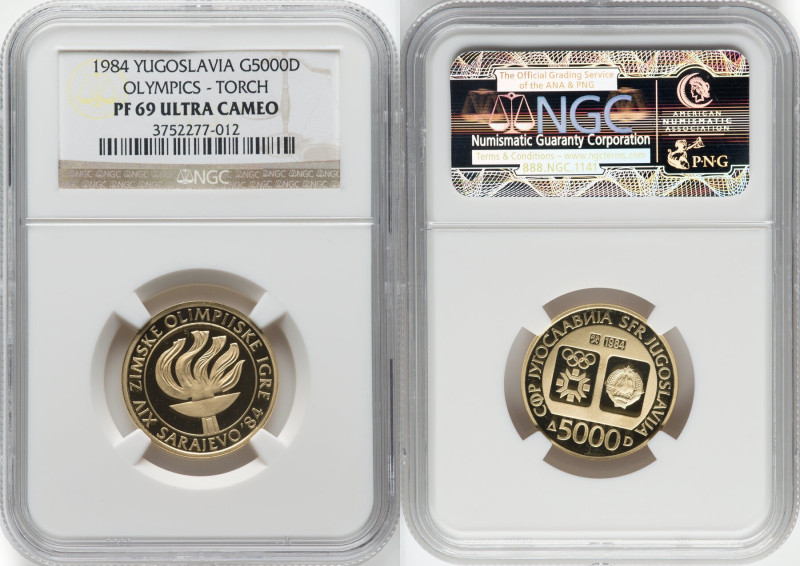 Republic gold Proof "Olympic Torch" 5000 Dinara 1984 PR69 Ultra Cameo NGC, KM111...