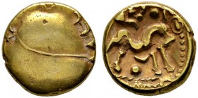 Keltische Münzen 
 Gallia 
 Ambiani 
 Goldstater 1. Jh. v.Chr. Glatter Buckel mit &quot;Teilstrich&quot; in der Mitte sowie Strichresten am Rand / ...