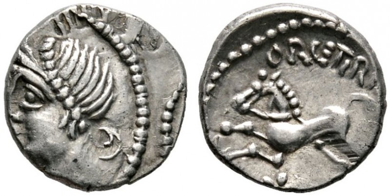 Keltische Münzen 
 Gallia 
 Haedui 
 Quinar ca. 55 v. Chr. Büste nach links, ...