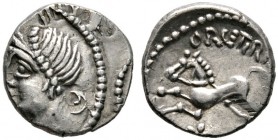 Keltische Münzen 
 Gallia 
 Haedui 
 Quinar ca. 55 v. Chr. Büste nach links, davor ATRILLI / Pferd nach links, darunter Stern, oben ORCETIRIX. LT 4...