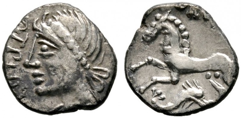 Keltische Münzen 
 Gallia 
 Haedui 
 Quinar ca. 55 v. Chr. Büste nach links, ...