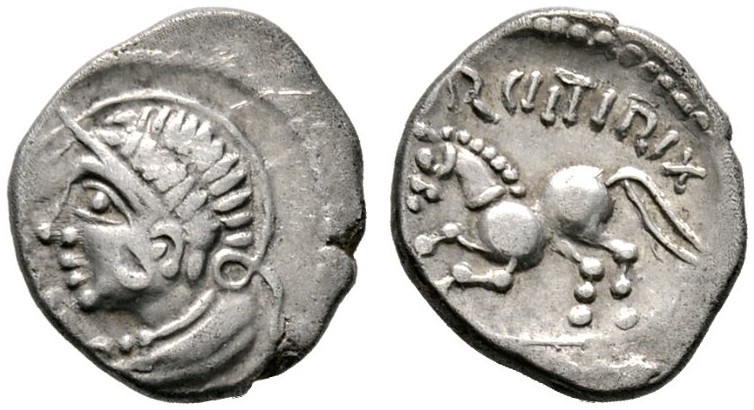 Keltische Münzen 
 Gallia 
 Haedui 
 Quinar ca. 55 v. Chr. -Bibracte-. Männli...