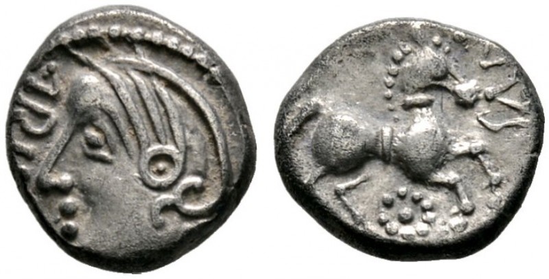 Keltische Münzen 
 Gallia 
 Santones 
 Quinar ca. 55 v. Chr. Behelmte Romabüs...