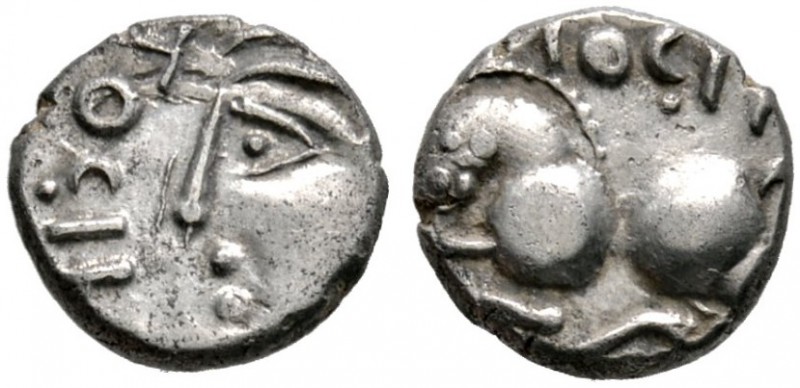 Keltische Münzen 
 Gallia 
 Sequani 
 Quinar ca. 55 v. Chr. Romakopf nach lin...