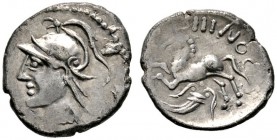 Keltische Münzen 
 Gallia 
 Ostgallien (unbestimmt) 
 Quinar. Behelmte Büste nach links / Pferd nach links, darüber III NOC, unten Beizeichen. LT 1...