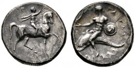 Griechische Münzen 
 Kalabria 
 Tarent 
 Didrachme nach 320 v. Chr. Reiter nach rechts, sein Pferd bekränzend / Phalantos mit Nike sowie Schild und...