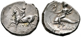 Griechische Münzen 
 Kalabria 
 Tarent 
 Didrachme ca. 250 v. Chr. Reiter nach links, sein Pferd bekränzend / Taras mit Nike sowie Spinnrocken auf ...