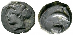 Griechische Münzen 
 Sizilien 
 Syrakus. Zweite Republik 465-405 v. Chr 
 Bronzemünze (AE-17 mm) um 410 v. Chr. Kopf der Nymphe Arethusa mit Sakos ...