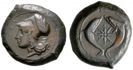 Griechische Münzen 
 Sizilien 
 Zeit des Timoleon 345-336 v. Chr 
 AE-Litra (Drachme) um 400-375 v. Chr. Kopf der Athena mit korinthischem Helm nac...