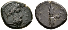 Griechische Münzen 
 Sizilien 
 Zeit des Timoleon 345-336 v. Chr 
 AE-24 mm (Hemilitron). Belorbeerter Zeuskopf nach rechts / Aufrecht stehendes Bl...