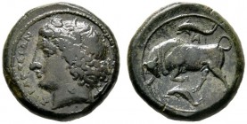 Griechische Münzen 
 Sizilien 
 Agathokles 317-289 v. Chr 
 Bronzemünze (AE-22 mm). Kopf der Kore-Persephone mit Ährenkranz nach links, dahinter Ge...
