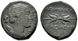Griechische Münzen 
 Sizilien 
 Agathokles 317-289 v. Chr 
 Bronzemünze (AE-23 mm). Kopf der Artemis Soteira mit Ohrring und Halskette nach rechts,...