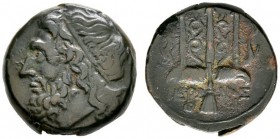 Griechische Münzen 
 Sizilien 
 Hieron II. 275-215 v. Chr 
 Bronzemünze (AE-18 mm). Kopf des Zeus mit Taenia nach links / Verzierter Dreizack, beid...