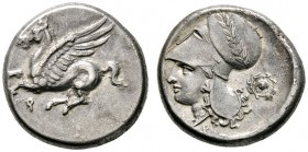 Griechische Münzen 
 Korinthia 
 Korinthos. Stater ca. 385-310 v. Chr. Pegasus nach links fliegend, darunter Koppa / Kopf der Athena mit korinthisch...