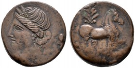 Griechische Münzen 
 Zeugitana 
 Karthago 
 Bronzemünze (AE-29 mm) ca. 220-215 v. Chr. Kopf der Tanit mit Ährenkranz nach links / Pferd vor Palme n...
