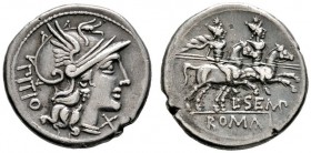 Römische Münzen 
 Römische Republik 
 L. Sempronius Pitio 148 v. Chr 
 Denar -Rom-. Romakopf mit Flügelhelm nach rechts, davor Wert­zeichen X, dahi...