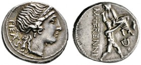 Römische Münzen 
 Römische Republik 
 M. Herennius 108-107 v. Chr 
 Denar -Rom-. Pietaskopf nach rechts, dahinter PIETAS, davor Kontroll­marke / Am...