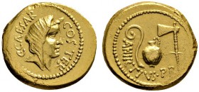 Römische Münzen 
 Imperatorische Prägungen 
 Julius Caesar †44 v. Chr 
 Aureus 46 v. Chr. -Rom-. Verschleierter Kopf der Pietas nach rechts, darum ...