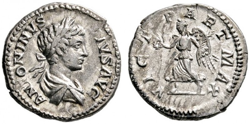 Römische Münzen 
 Kaiserzeit 
 Caracalla 198-217 
 Denar 201/206 -Rom-. ANTON...