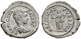 Römische Münzen 
 Kaiserzeit 
 Geta Caesar 198-209 
 Denar 200/202 -Rom-. P SEPT GETA CAES PONT. Bloße drapierte Panzer­büste nach rechts / FELICIT...