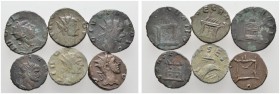 Römische Münzen 
 Kaiserzeit 
 Claudius II. Gothicus 268-270 
 Lot (6 Stücke): Konsekrations-Antoniniane (Altar, RIC 261 sowie Adler, RIC 266), dab...