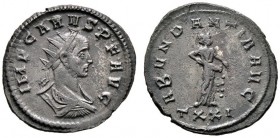 Römische Münzen 
 Kaiserzeit 
 Carus 282-283 
 Antoninian -Ticinum-. IMP CARVS P F AVG. Drapierte Panzerbüste mit Strahlen­krone nach rechts / ABVN...