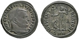 Römische Münzen 
 Kaiserzeit 
 Licinius I. 308-324 
 Folles 313/317 -Niocomedia-. IMP C VAL LICIN LICINIVS P F AVG. Belorbeerte Büste nach rechts /...