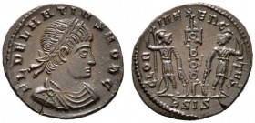 Römische Münzen 
 Kaiserzeit 
 Delmatius Caesar 335-337 
 Folles -Siscia-. FL DELMATIVS NOB C. Belorbeertes Brustbild im Harnisch nach rechts / GLO...