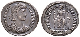 Römische Münzen 
 Kaiserzeit 
 Gratianus 367-383 
 Siliqua -Trier-. D N GRATIANVS P F AVG. Drapierte Panzerbüste mit Perldiadem nach rechts / VIRTV...