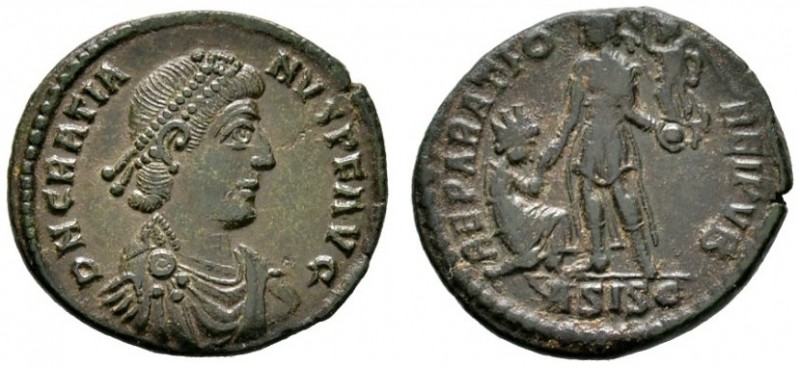 Römische Münzen 
 Kaiserzeit 
 Gratianus 367-383 
 Bronzemünze (AE-23 mm) -Si...