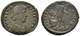Römische Münzen 
 Kaiserzeit 
 Gratianus 367-383 
 Bronzemünze (AE-23 mm) -Siscia-. D N GRATIANVS P F AVG. Drapierte Panzerbüste mit Perldiadem nac...