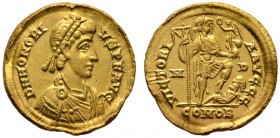 Römische Münzen 
 Kaiserzeit 
 Honorius 393-423 
 Solidus 395/402 -Mailand-. Ähnlich wie vorher. RIC 1206. 4,42 g
 Randfehler, gutes sehr schön...